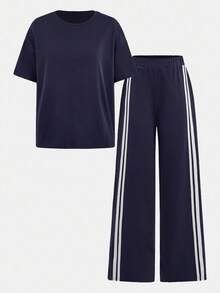 SHEIN 少女春夏街头，基本日常百搭纯黑色针织圆领休闲宽松短袖撞色T恤和宽松裤，适合各种运动场合，返校季，度假，学院风，复活节，音乐节，毕业季，家庭聚会 - 藏蓝色 - 查看 11