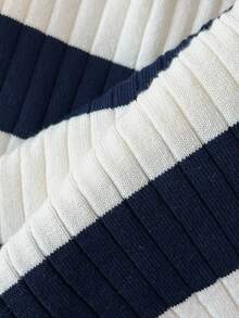 SHEIN Unity 女式休闲翻领蓝白条纹针织连衣裙，秋冬 - 藍白色 - 查看 7