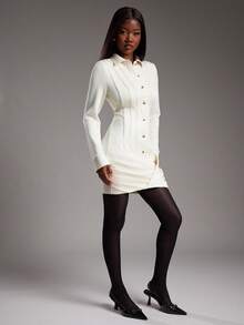NYA SZN Đầm tay dài cài nút cổ bẻ ôm sát bodycon dự tiệc đêm câu lạc bộ hẹn hò dễ thương phong cách Y2K cổ điển công sở trở lại trường học mùa thu ngắn dành cho nữ - Màu be - Xem 6