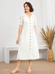 Miaspire 女士休闲V领蕾丝拼接中长连衣裙 - 白色 - 查看 7