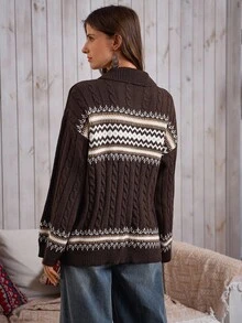女式复古费尔岛麻花领扭纹西部风水钻纽扣针织 Polo 衫，LanaWest - 棕色 - 查看 2