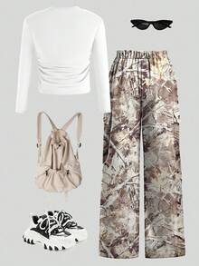 SHEIN ChillGRL 2 件套女童迷彩裤和蝴蝶结印花长袖上衣，服装套装 - 彩色 - 查看 4