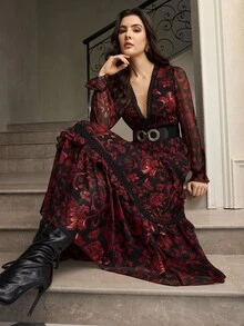 ZEYLAH Floral Print Patchwork Lace Romantic Women Dress, Autumn/Winter - Multicolor - View 5