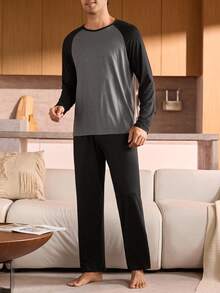 Manfinity Underwear&Sleepwear Basics Plus Size Men's Contrast Color Patchwork Pajama Set (Top And Pants), Fall Clothes - Black - View 3