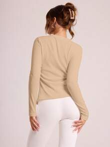 MUSERA Top de cuello redondo de manga larga con botones y costillas, casual, para vacaciones, aeropuerto, días festivos, otoño, elegante, primavera, verano - Albaricoque - Ver 2