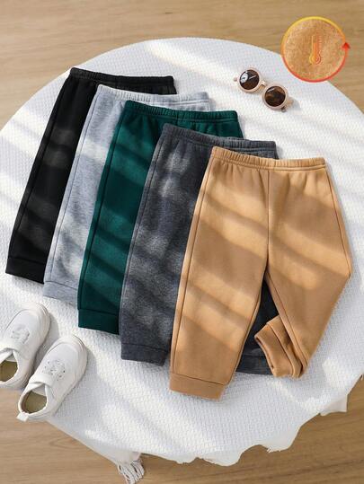 SHEIN 5 件套男婴纯色针织松紧腰裤，百搭慢跑运动裤多件装，秋冬