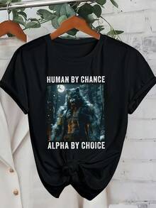 Unisex Alpha Wolf Sigma Graphic Print Round Neck Short Sleeve T-Shirt - Black - View 1