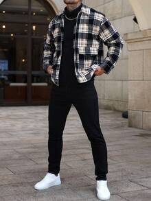 Manfinity CasualCool 男士时尚休闲格纹印花纽扣灯芯绒夹克，街头风格纹外套，秋冬款 - 彩色 - 查看 6