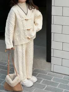 Dazy Kids Young Girls Cable Knit Twist Solid Color Casual Cardigan & Casual Knit Pants Sweater Set - Apricot - View 3
