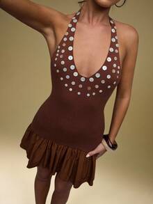 SHEIN BAE Women's Button Decor Ruffle Hem Sexy Halter Knit Dress,Fall Clothes For Women,Fall Sweaters,Women's Fall Clothes ,Winter Clothes Women,Halloween,Christmas, Sweater Dresses,Back To School,Birthday Dresses For Women,Birthday Outfits For Women,Button Decoration,Brown Sweater Dress,