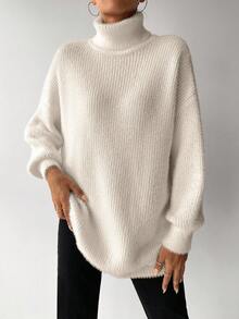 EURMUSE Women's Casual Daily Commute Simple Solid Color High Neck Dropped Shoulder Loose Fluffy Knit Sweater, Autumn/Winter - White - View 3