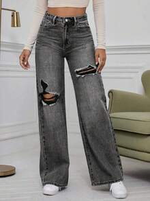 EMERY ROSE Washed Denim  High Waist Ripped Wide Leg Jeans - Dark Grey - View 4