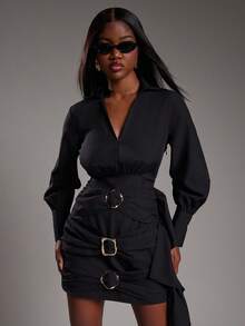 NYA SZN Kleid mit langen Ärmeln, Kragen, tiefem Ausschnitt, Metallelement, Büro, Business, Lässig, süß, Vintage Y2K, Schulanfang, Herbst, Mini-Länge Outfit für Frauen