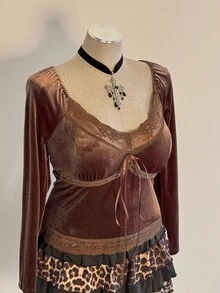 Sunspun 大码撞色蕾丝V领修身弹力T恤，初秋 - 棕色 - 查看 4