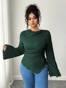 Elenzga Plus Size Casual/Work Solid Color Flared Sleeve Asymmetric Hem T-Shirt - Green - View 1
