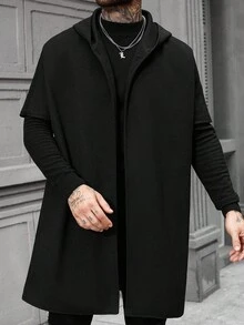 Manfinity Homme Áo khoác nam tay ngắn có mũ trùm đầu dáng rộng, hở phía trước, màu đen trơn, phong cách Old Money, thu đông - màu đen - Xem 3
