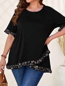 EMERY ROSE 大尺碼女士花卉印花拼接t恤 - 黑色 - 查看 3