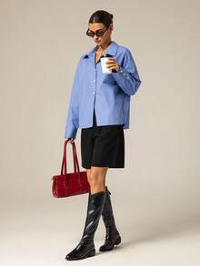 Hanevo 女式蓝色休闲运动 Polo 领简约衬衫 - 藍色 - 查看 7