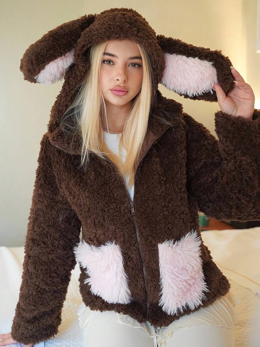 Sweetina Women's Fluffy Jacket With Cute Koala Ears, Adorable & Sexy In Fall/Winter - Coffee Brown - View 1
