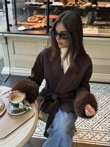 Aloruh 时尚毛绒袖口咖啡色大衣，秋冬