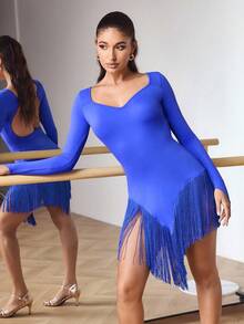 Menodora SHEIN Sport 女式纯色鸡心领长袖露背流苏下摆拉丁舞裙 - 寶藍色 - 查看 6
