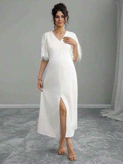 Momance 孕妇优雅V领毛茸茸荷叶边短袖连衣裙