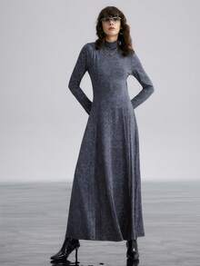 Airlisse Autumn/Winter High Neck Tie-Dye Effect Hollow Back Long Sleeve A-Line Dress For Women - Grey - View 5