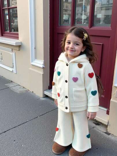 SHEIN Playful Pals 2pcs Baby Girls' Comfortable & Fashionable Colorful 3D Heart Embroidered Hooded Jacket And Flared Leg Pants Set, Suitable For Autumn/Winter Daily Wear Fall