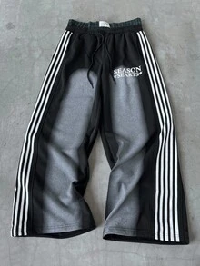 PAVTROS Manfinity Streetrush Men's Y2K Double Waist Stylish Wide-Leg Track Pants, Side Stripe & Letter Print, Casual Streetwear, Halloween, Back-To-School, Spring, Fall & Winter Apparel, Perfect Gift For Boyfriend - Black - View 1