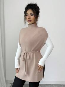 Rafferiza Autumn/Winter New High Collar Mid-Length Tie-Up Elegant Casual Knitted Sweater Dress For Women - Camel - View 5