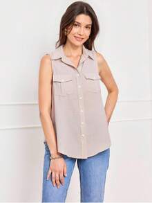 SHEIN LUNE 女士无袖纯色休闲衬衫，夏季简约时尚 - 卡其色 - 查看 3