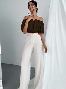 Aloruh Women's Solid Color Off Shoulder Cinched Waist Blouse - Coffee Brown - View 5