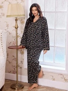 CottageSlumber Floral Print Open Front Collar Long Sleeve Top & Pants Plus Size Women Pajama Set, Fall Winter Clothes - Multicolor - View 6