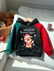 Moletom infantil para menino com estampa de letras e blocos de cores, manga raglan, Feliz Natal, estampa de renas natalinas. Moletom macio e grosso de malha com gola redonda, ideal para outono/inverno. - Multicolorido - Ver 5