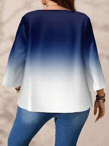 Mellowie 大码女式全身印花宽松圆领 3/4 袖休闲衬衫，秋冬 - 藍色 - 查看 8