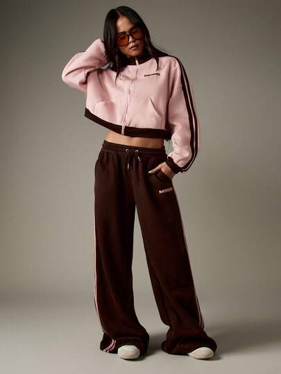 MISSGUIDED MSGD Wide Leg Joggers For Women Casual Drawstring Sweatpants With Side Stripe Detail Loose Fit Athleisure