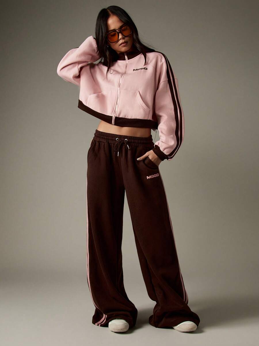 MISSGUIDED MSGD 女式宽腿慢跑裤休闲抽绳运动裤，侧条纹细节宽松运动休闲裤 - 咖啡棕 - 查看 1