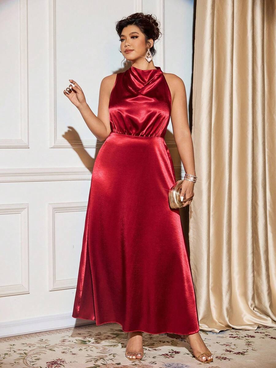 Cravure Rochie maxi din satin solid, fără mâneci, cu decolteu în V, pentru femei, mărime mare, potrivită pentru festivaluri, gale, întâlniri, ocazii formale - Burgundia - Vizualizare 1