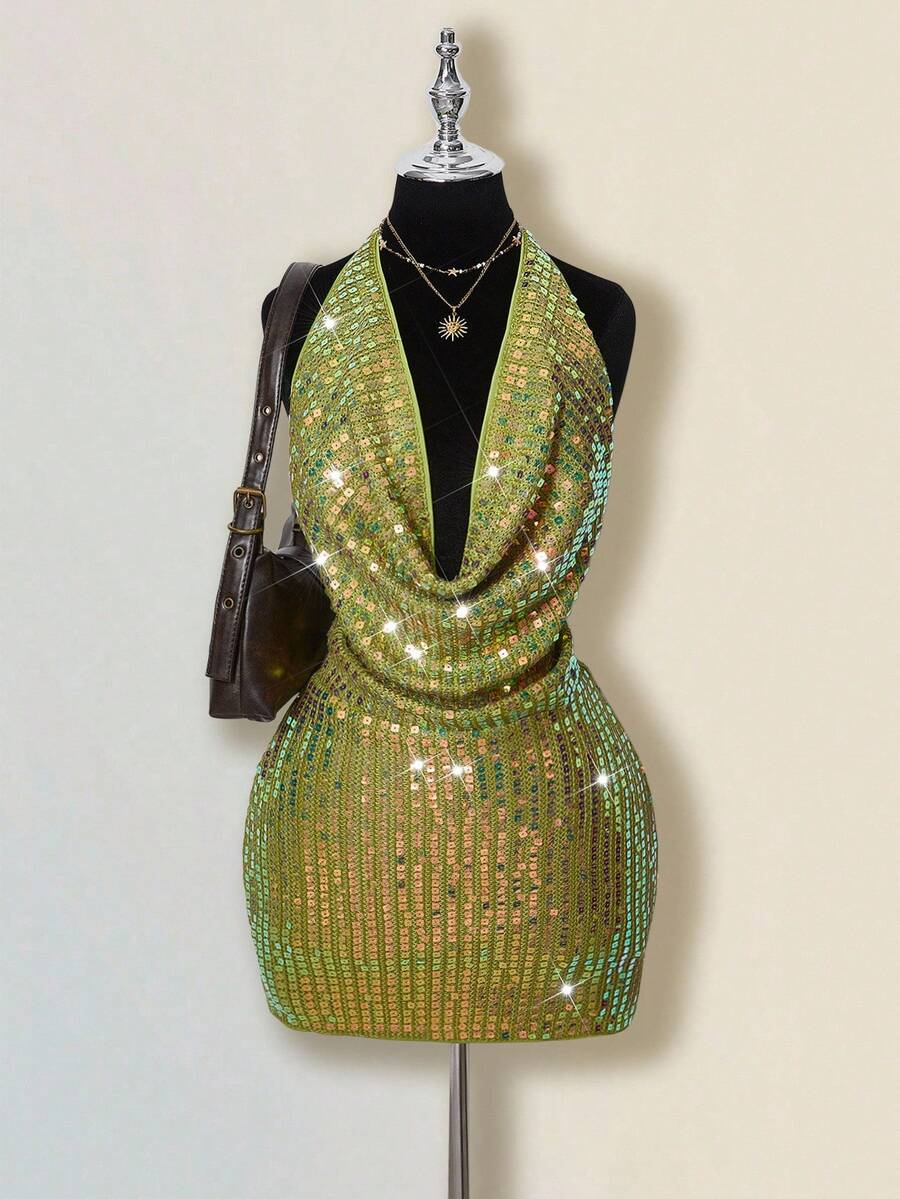 SHEIN ICON 女式性感火辣千禧风格 Y2K 现代时尚个性前卫复古晚会宴会夜总会装摆领露背绿色亮片修身迷你连衣裙 - 綠色 - 查看 1