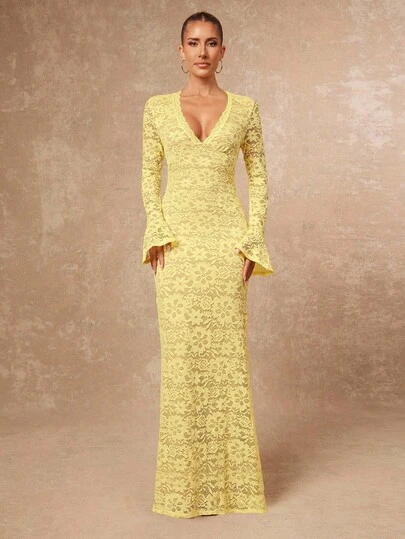 Lumalex Fall New Style WomenGathering Party Glamour Elegant Banquet Modest Old Money Coquette Glitter Holiday Party Glamour Elegant Rave Festival Outing Vacation Hot Outdoor Richly Layered Wedding Season Banquet Coming Of Age Ceremony Lace V-Neck Lace Trim Flare Sleeve Bodycon Dress For Women,Fall New Style WomenWedding Guest Dress