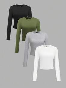 GlowEve 4pcs Women Casual Solid Color Round Neck Long Sleeve Cropped T-Shirt Set, Autumn/Winter