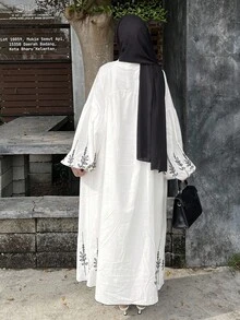 DAZY Floral Embroidery Loose Drawstring Tassel Tie Lantern Sleeve Casual Vacation Dress For Women, Autumn Long Sleeve Dress Modest Fashion - White - View 2