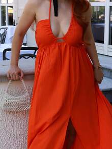 Gretanique New Spring And Summer Casual Holiday Halter Neck Strapless Bust, Waist And Back A Swing Skirt With High Slit On The Front To The Thigh, Yellow Sea Stripe Women's Extra Long Dress-B Summer Dresses For Women,Sun Dresses For Women - Orange - View 6