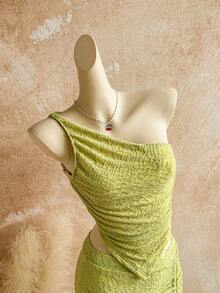 Soleia 度假针织纹理交叉露背不对称短款上衣 + 针织纹理抽绳腰部紧身裙，适合派对、约会、情人节、复活节、狂欢节、下午茶、海滩巡游、城市假日、秋冬分层露肩圣诞节上衣，适合学校返校服装女士返校女士秋装哥特女装俱乐部服装女士性感万圣节服装俱乐部连衣裙外出服装音乐会服装乡村音乐会服装 - 綠色 - 查看 6