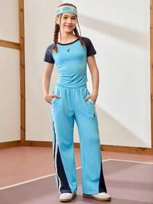 JNSQ 返校服、青少年女孩服装、女童套装：2 件/套女童休闲运动短袖上衣和阔腿裤套装，儿童圆领撞色哈伦裤短袖 T 恤宽松套装，适合秋冬日常穿着、户外活动、度假、街头风格、派对和休闲