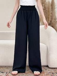 SHEIN 少女优雅荷叶边松紧腰阔腿裤，夏季 - 黑色 - 查看 2