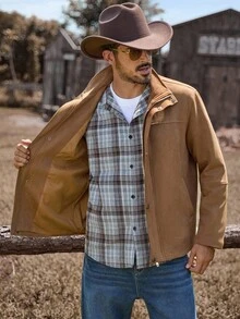 Manfinity Nomadique Men's Autumn Western Style Zip-Up Suedette Casual Jacket Casual Jacket Rodeo For Men Western Jacket Western Tough Wear For Men Fleece