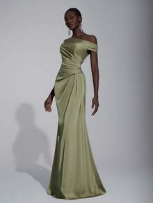 Elitara 优雅奢华缎面褶饰露肩美人鱼裙，适合婚礼、派对、度假、庆典、伴娘礼服