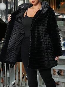 SHEIN Clasi Große Größen einfarbige Kapuzenjacke mit Kunstpelz, modisch für Herbst/Winter - Schwarz - Übersicht 14