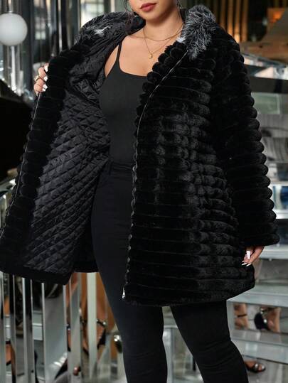SHEIN Clasi Plus Size Women's Black,Winter,Elegant,Formal,Dinner,Evening Furry Coat,Warm Quilted Lining Fur Collar Zipper Hooded Long Sleeve Vintage Classy Coat